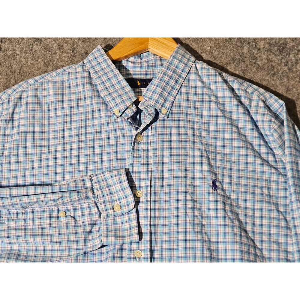 Ralph Lauren Button Down Shirt Mens XXL Blue Plaid Long Sleeve Cotton
